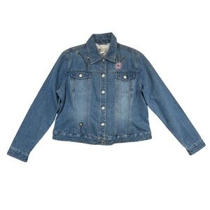 Central Falls Denim‎ Jacket Womens XL Blue Embroidered Beaded Floral NWT